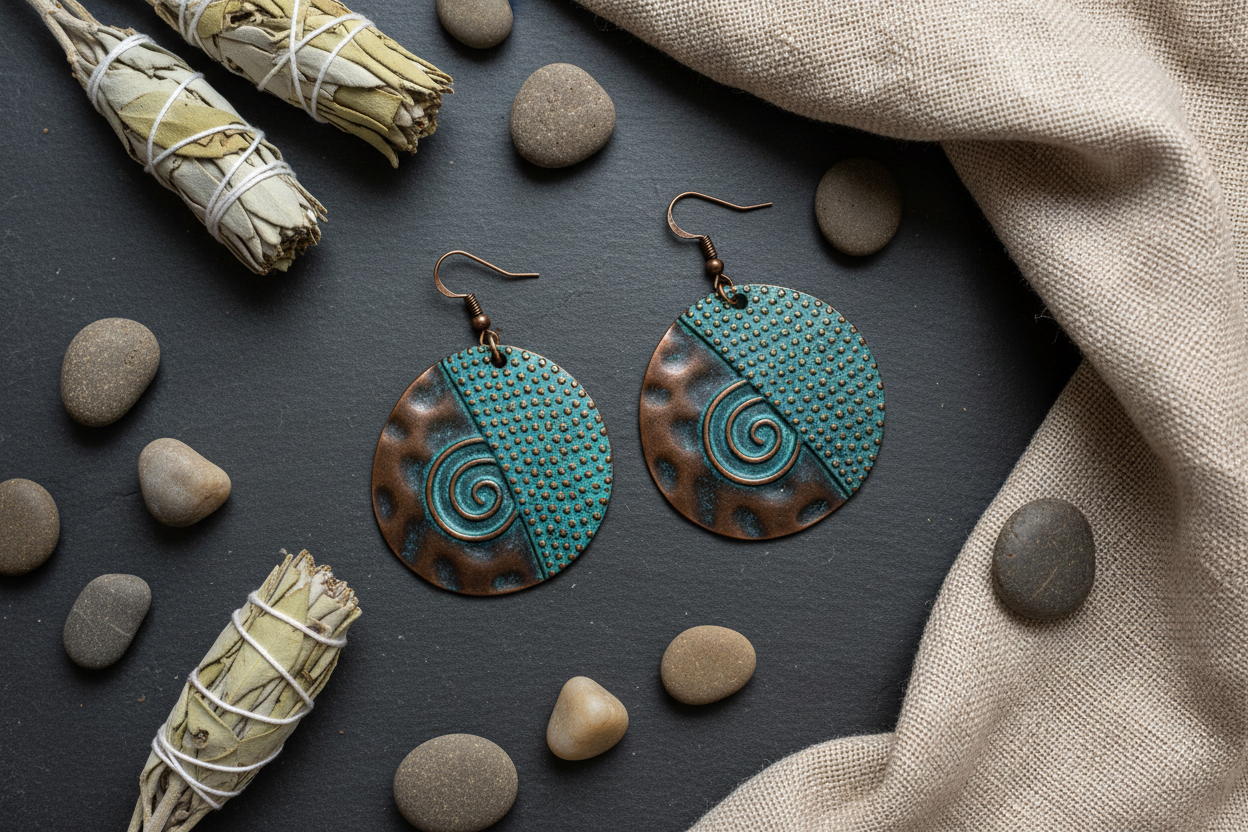 Copper disc earrings with teal patina flat lay on dark slate with dried sage and linen
