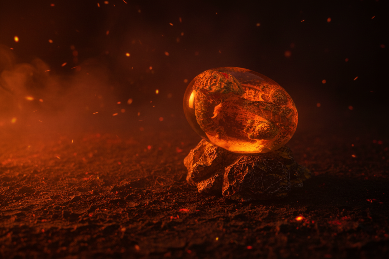 Ember Dragon Egg and volcanic rock base shown separately, dark ember flat lay
