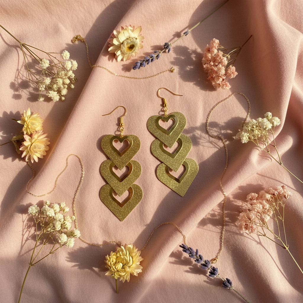 Gold Triple Heart Drop Earrings - Flat Lay