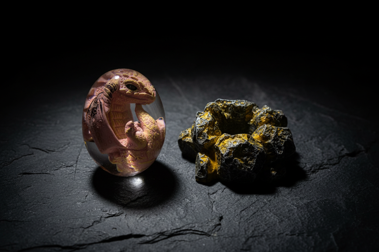 Baby dragon egg and volcanic rock base shown separately