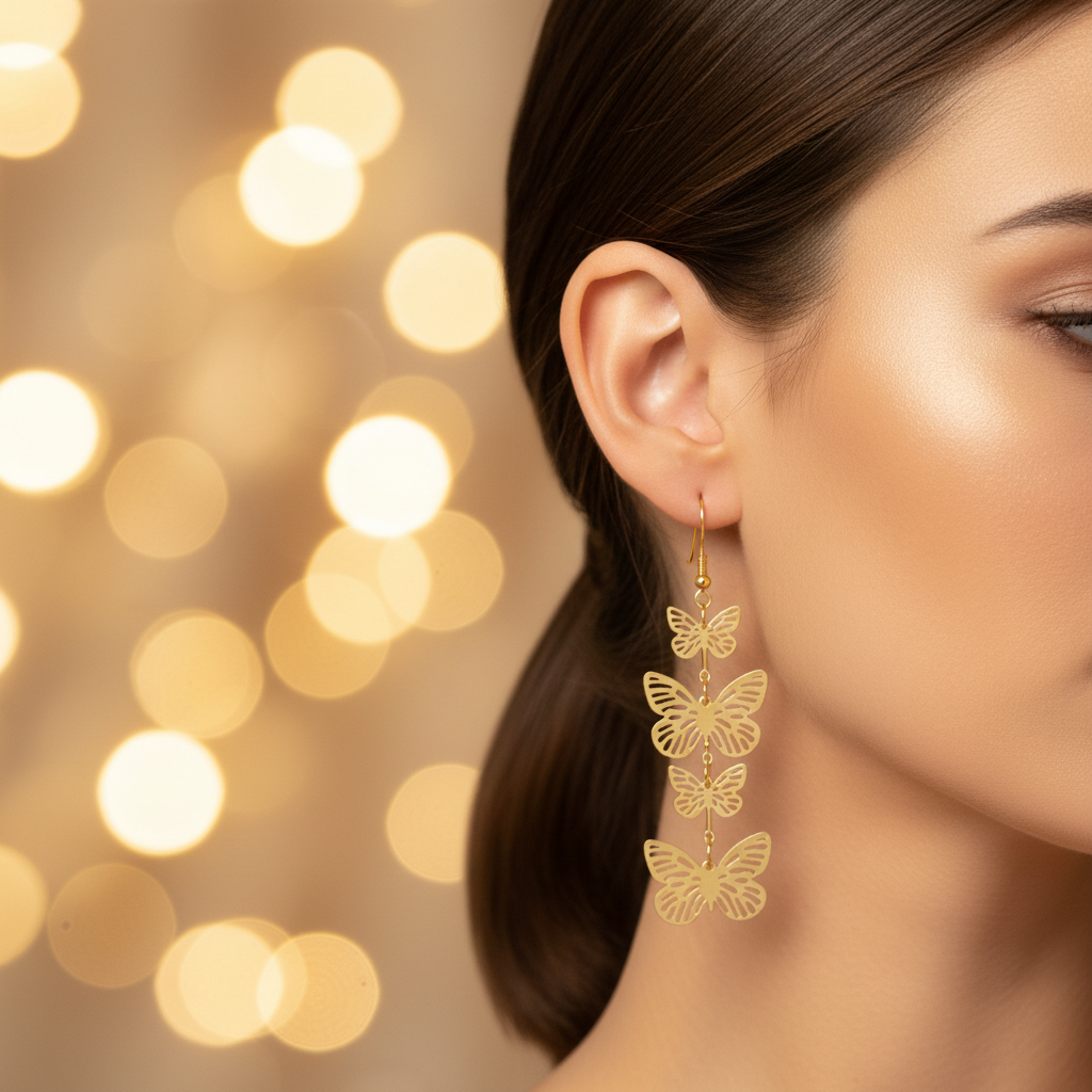 Gold Filigree Butterfly Drop Earrings - Lifestyle