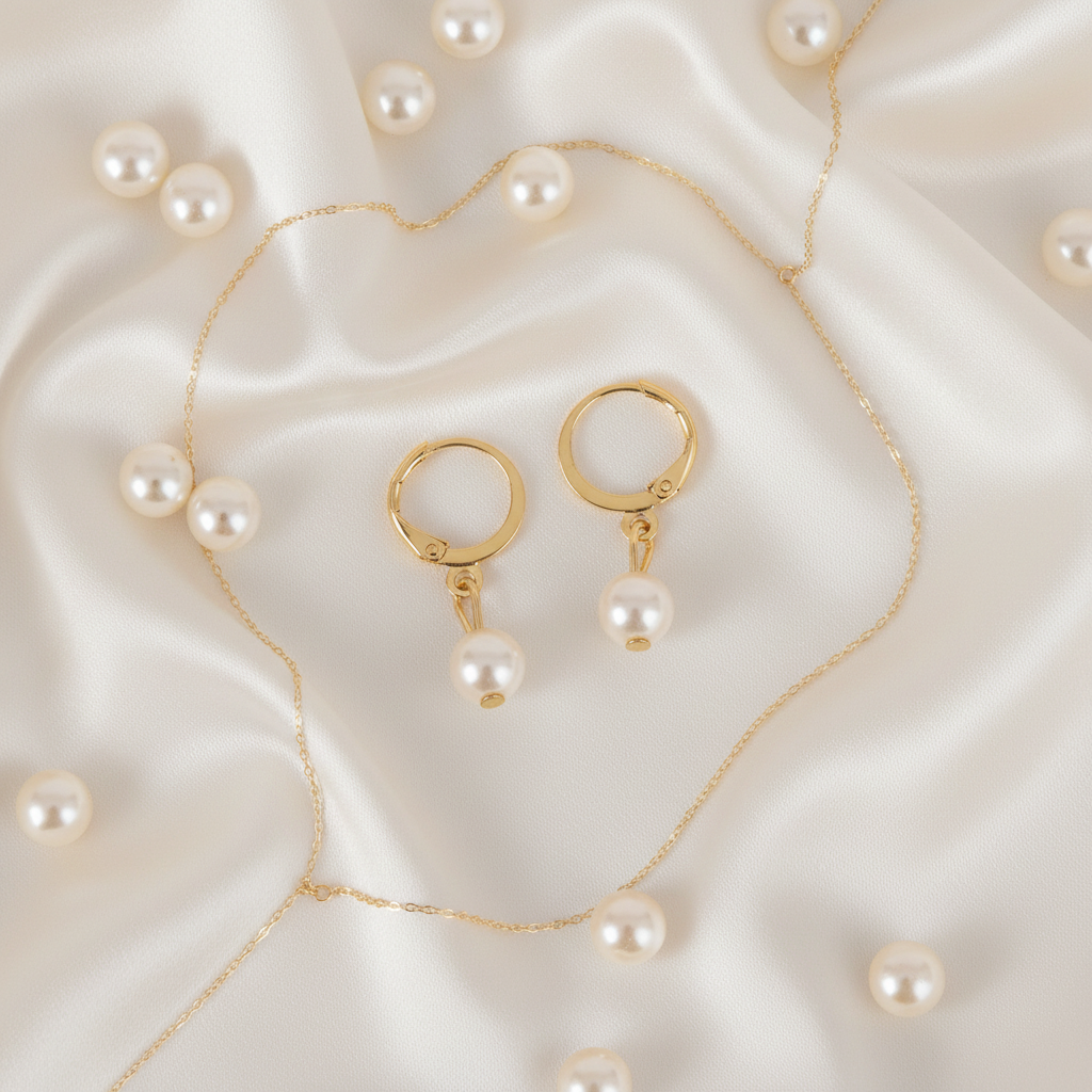 Gold Hoop Faux Pearl Drop Earrings - Flat Lay