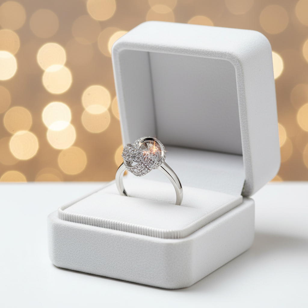 Silver swirl infinity knot ring displayed in open luxury white velvet ring box