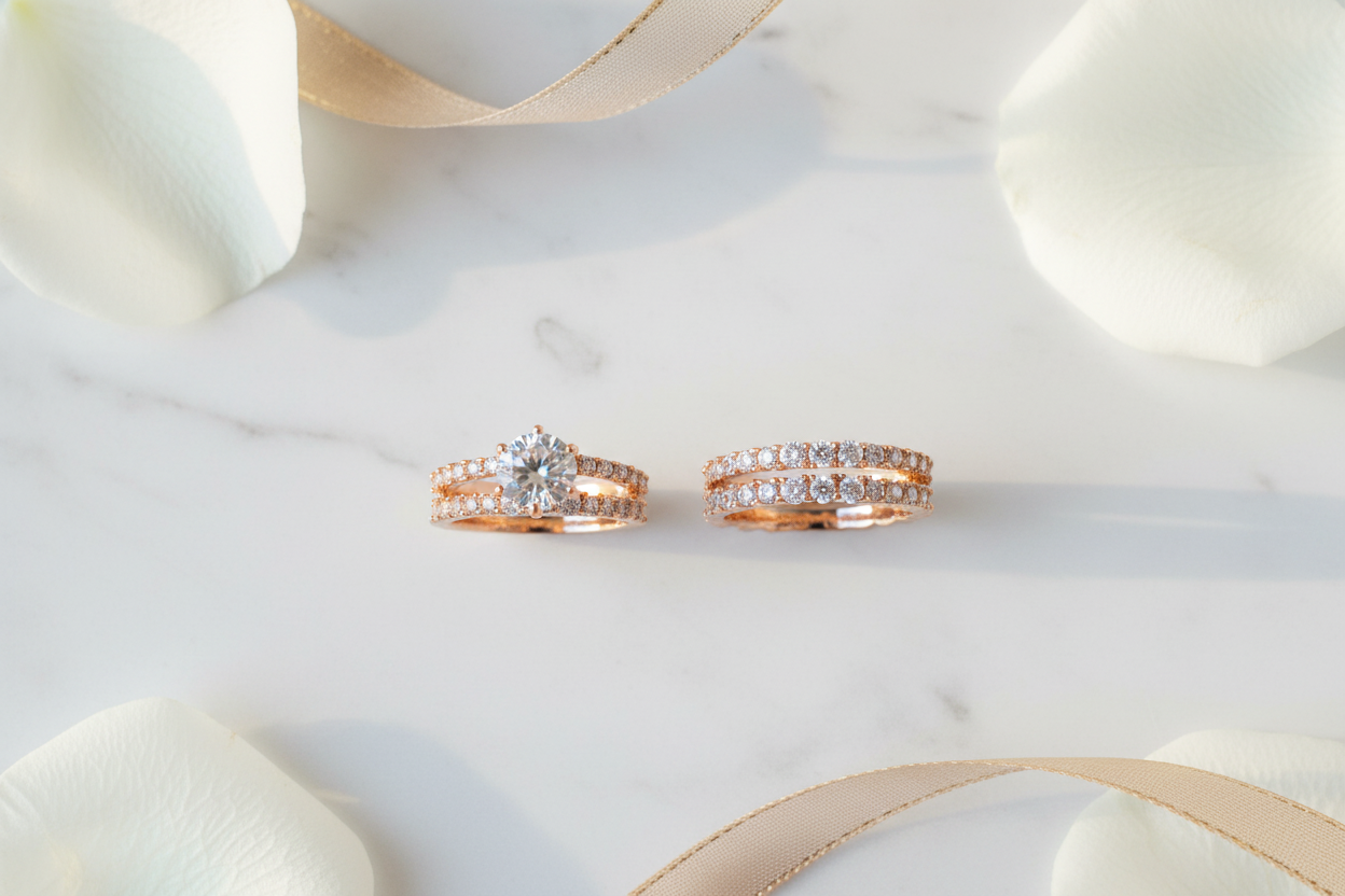 18K gold-plated CZ solitaire and pavé eternity band displayed side by side on white marble with rose petals