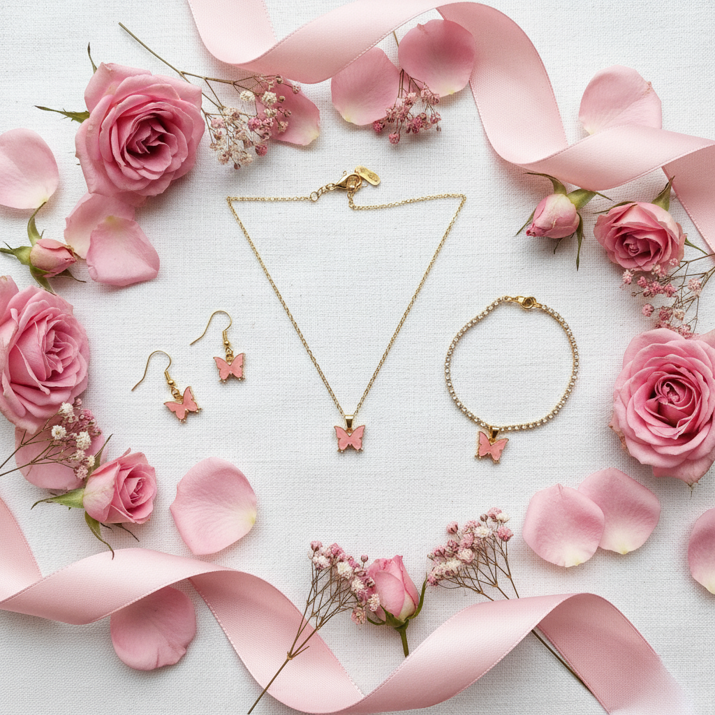 Pink Butterfly Jewellery Set - Gift Flat Lay