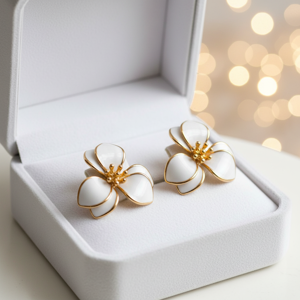 White enamel flower earrings with gold trim displayed in open luxury white velvet jewellery box