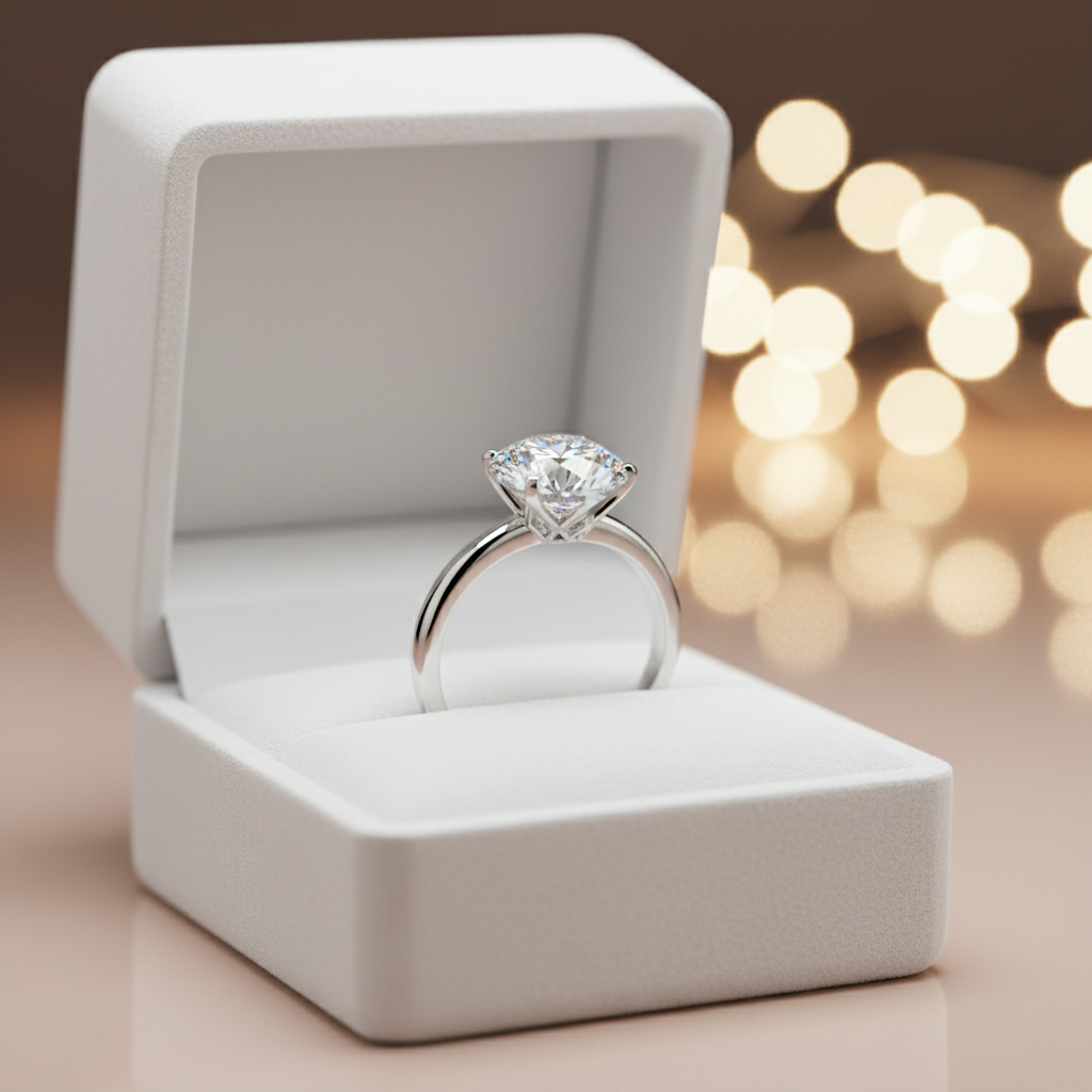 Moissanite solitaire ring displayed in open luxury white velvet ring box
