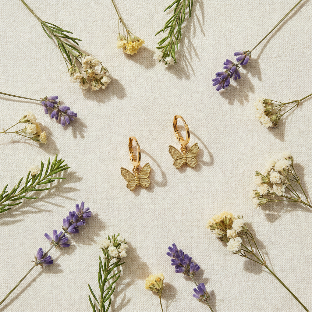 Gold Hoop Butterfly Charm Earrings - Flat Lay