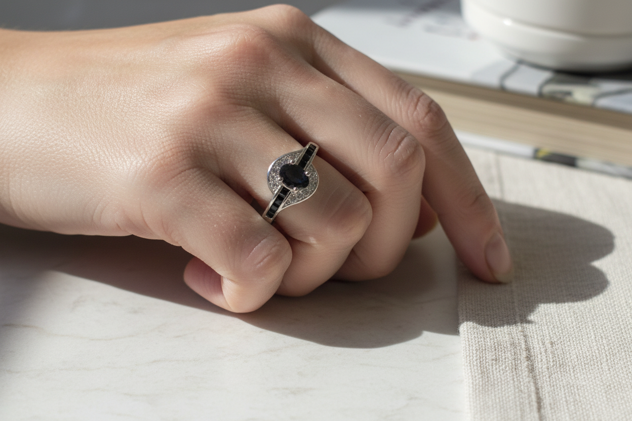 925 Silver Sapphire Halo Ring - worn on hand