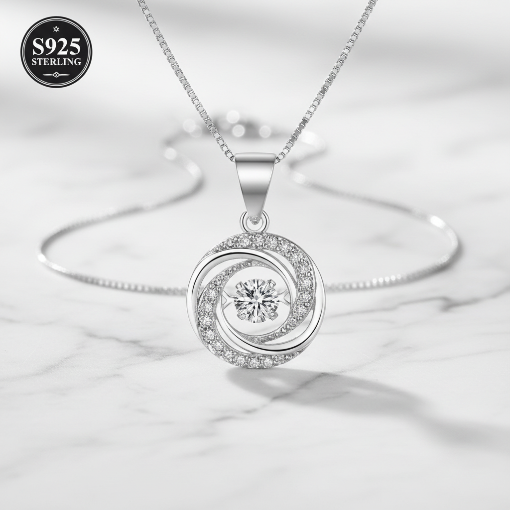 BeMore Elegance Series Dangling Daisy spiral pendant necklace on white marble