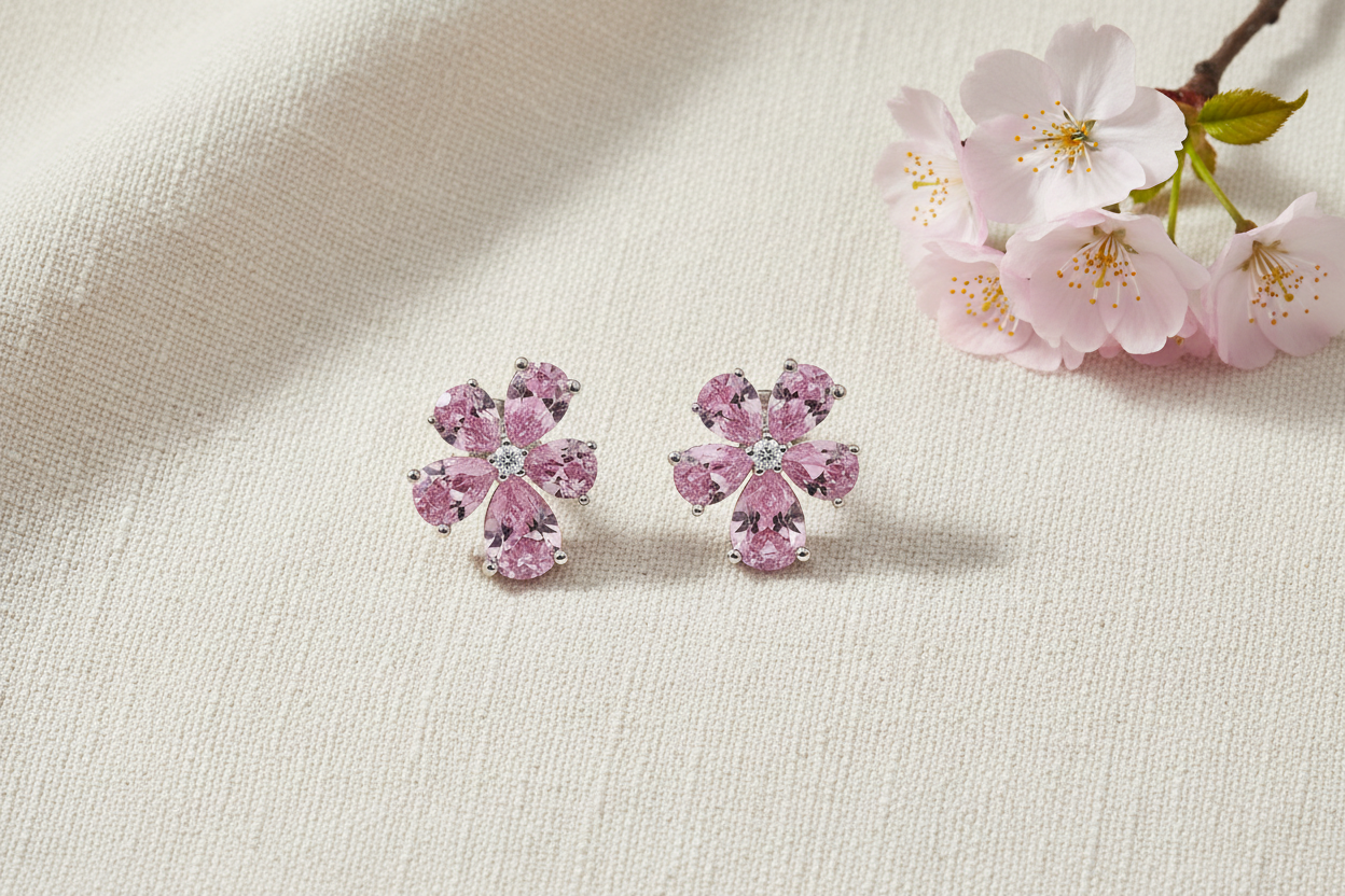 Flat lay on linen with cherry blossom