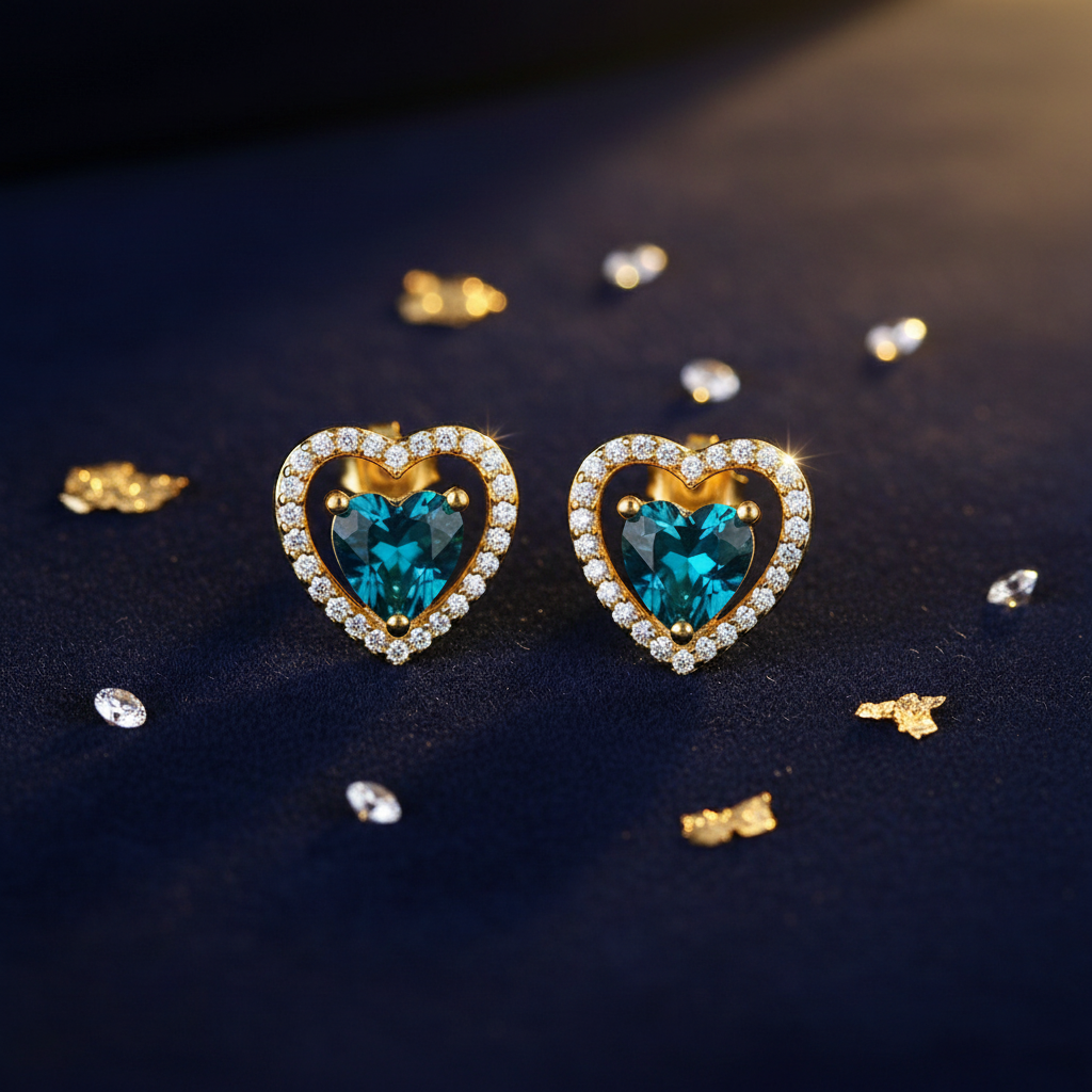 Gold Blue Heart Earrings - Flat Lay