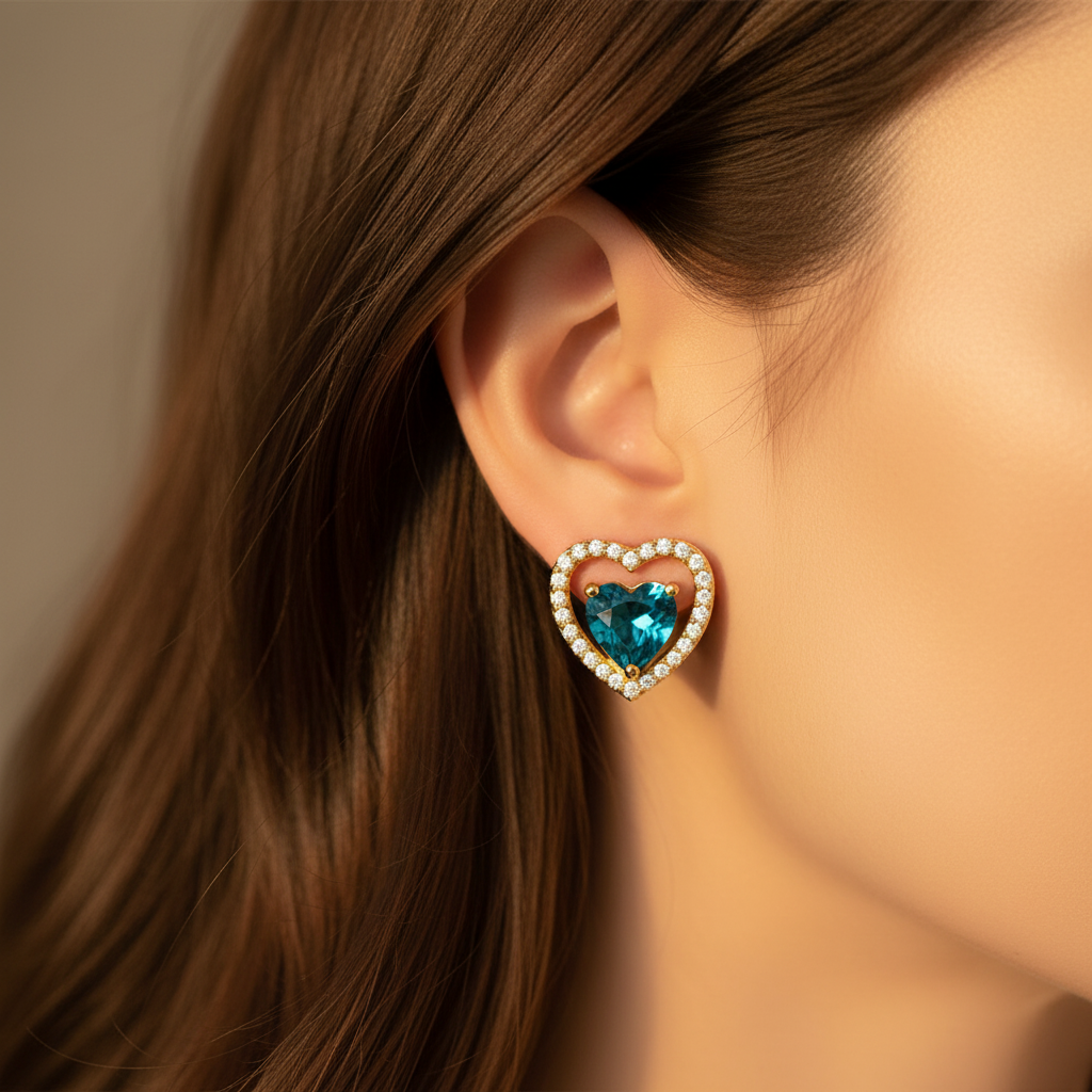 Gold Blue Heart Earrings - Lifestyle
