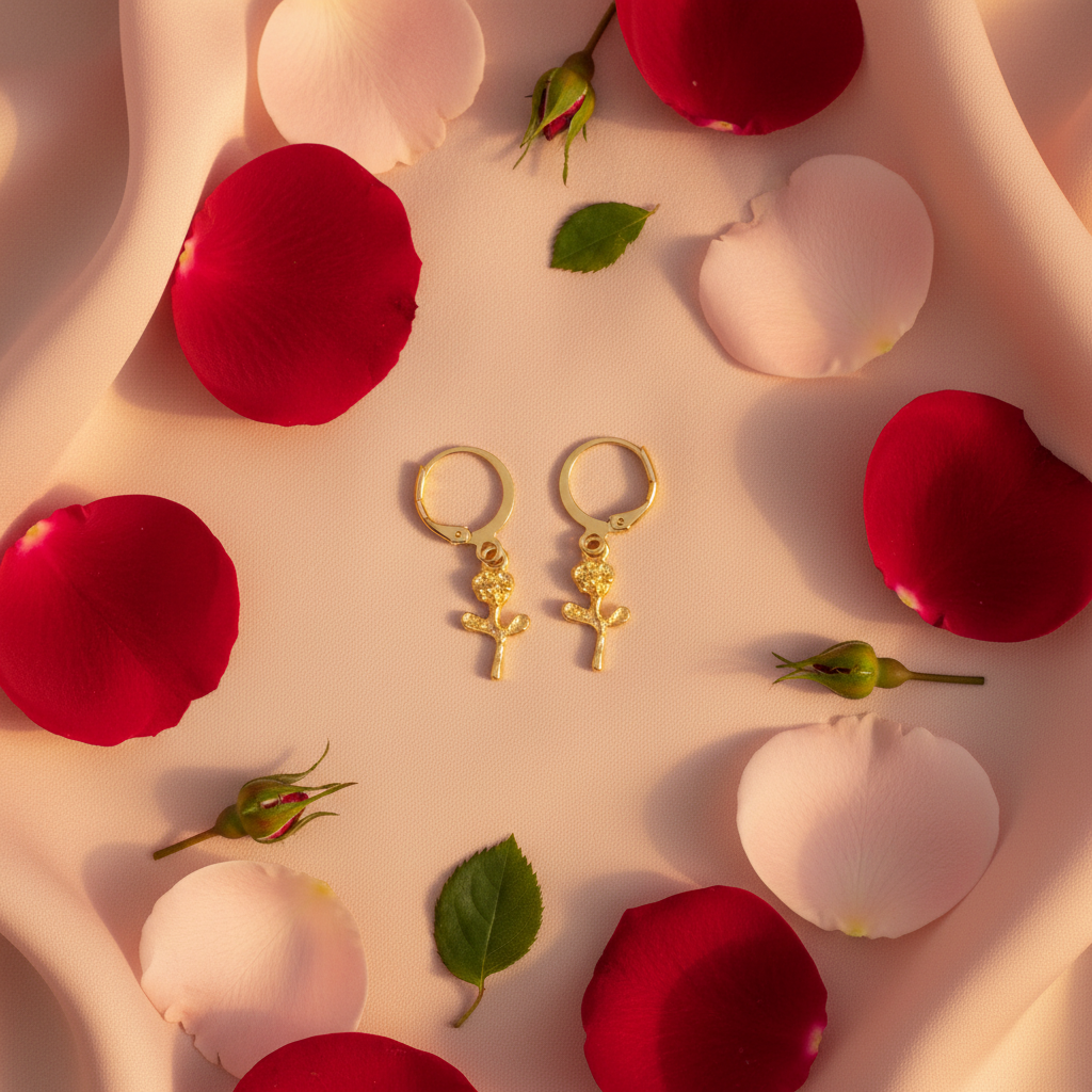 Gold Hoop Rose Charm Earrings - Flat Lay