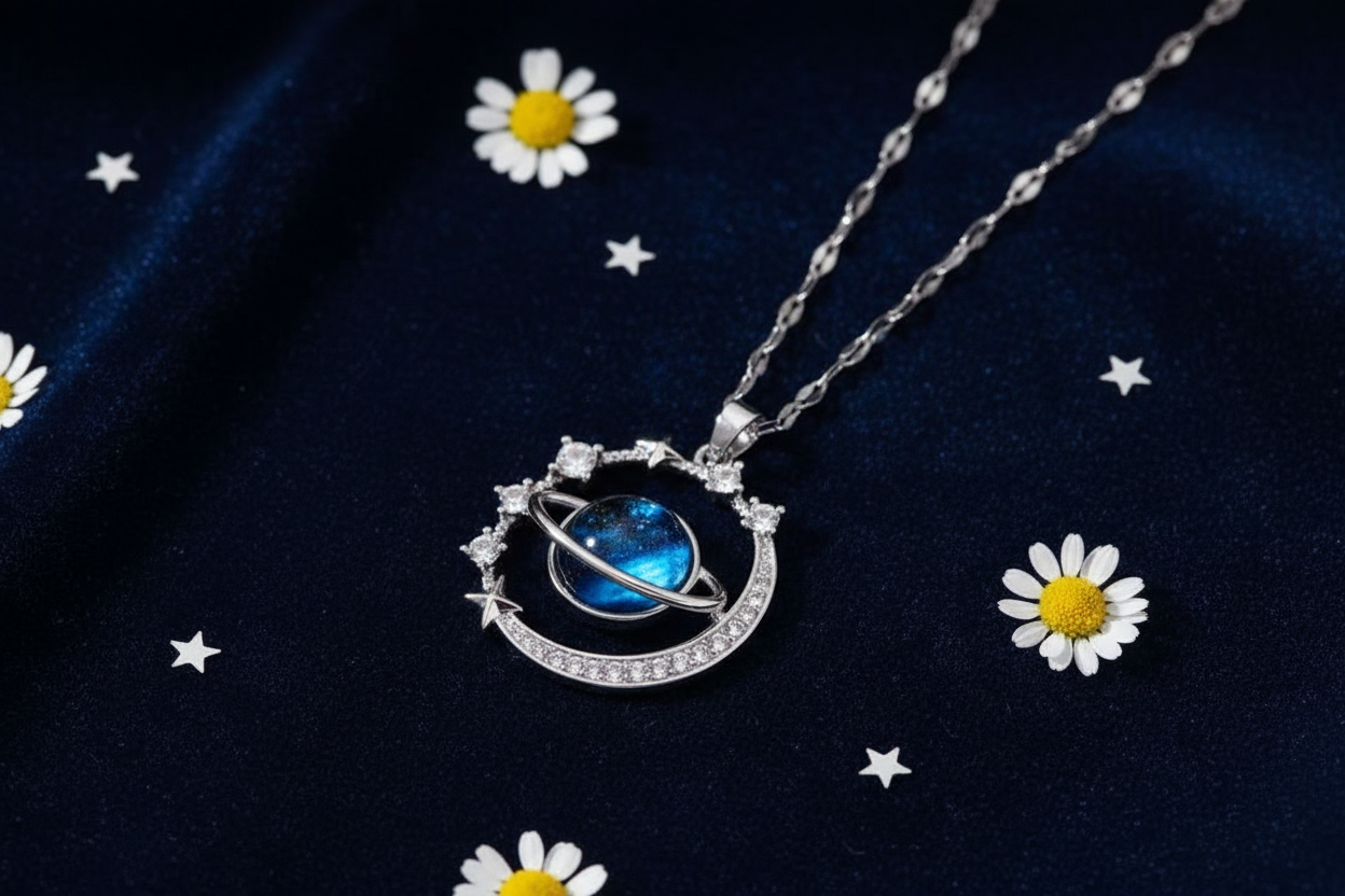 Silver saturn galaxy necklace flat lay on dark navy velvet with silver stars and white flowers