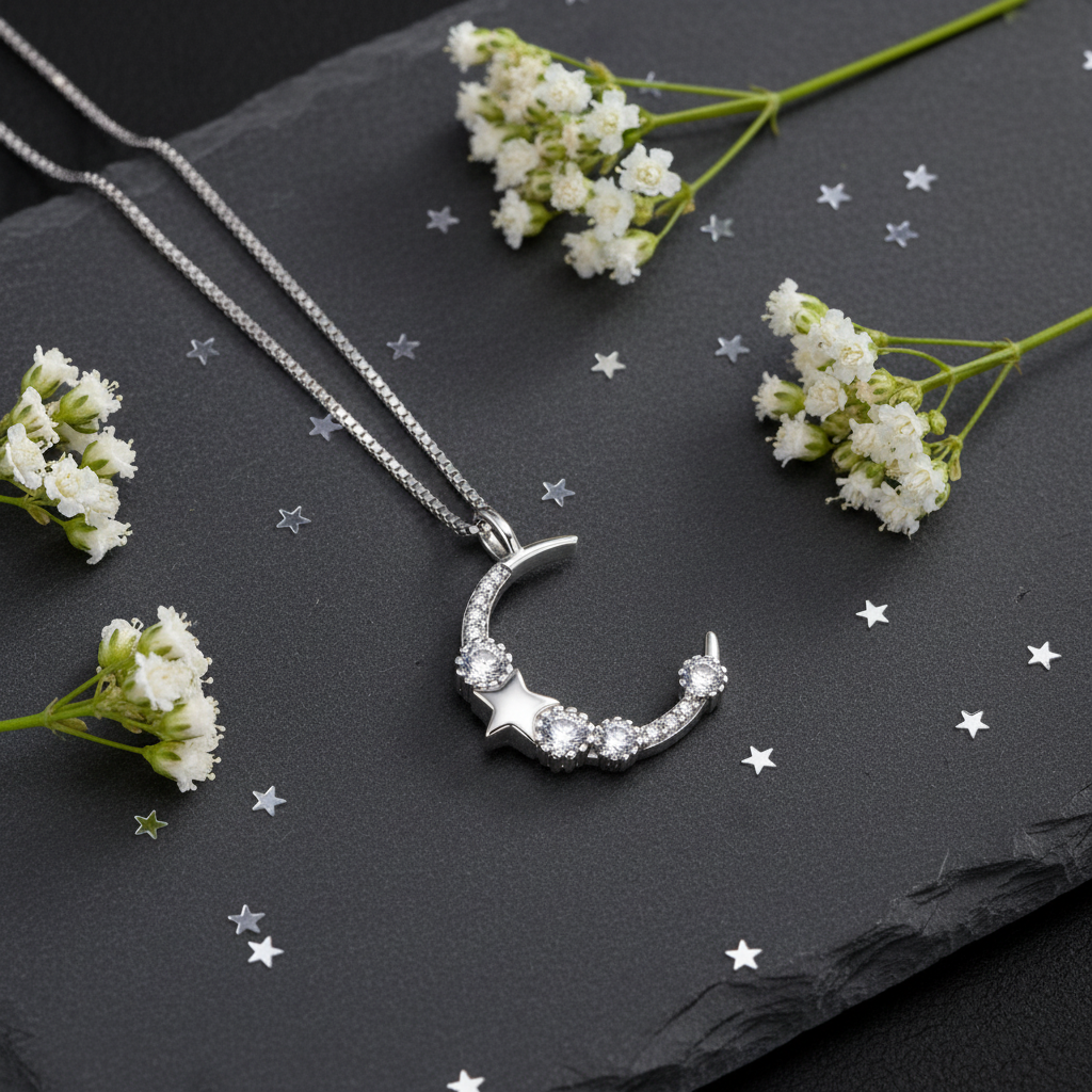 Silver Moon Necklace - Flat Lay