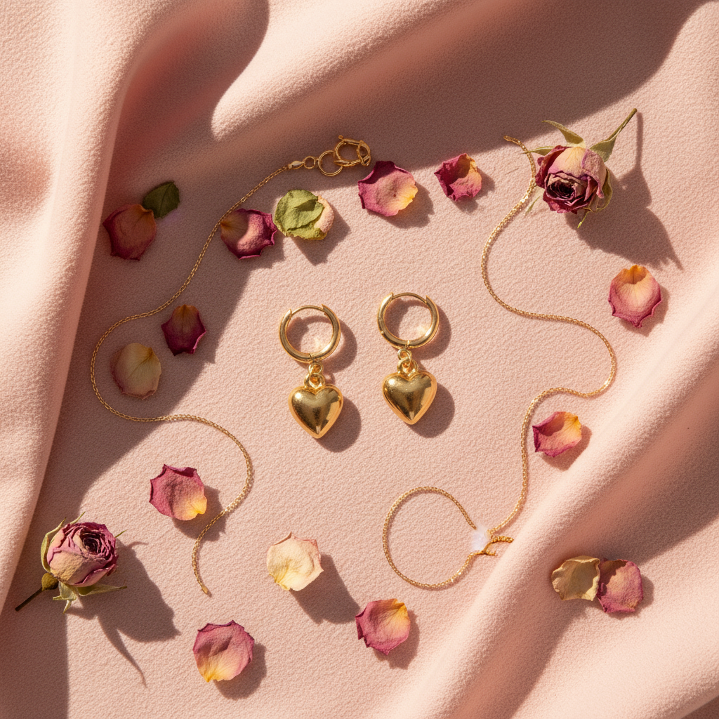 Gold Hoop Puffed Heart Charm Earrings - Flat Lay
