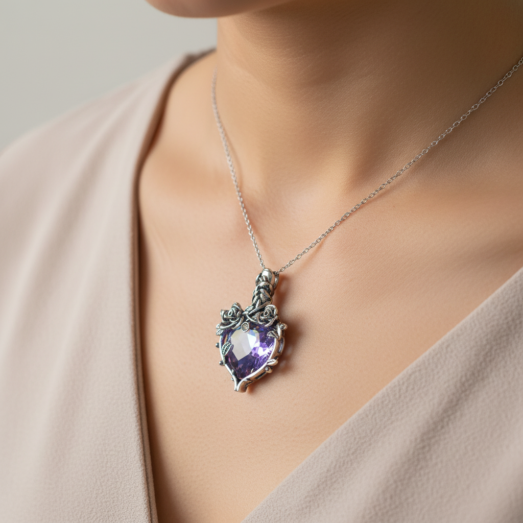 Rose heart memorial urn necklace worn on neck