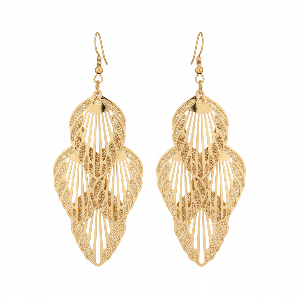 Gold Filigree Leaf Drop Earrings - Thumbnail Pair