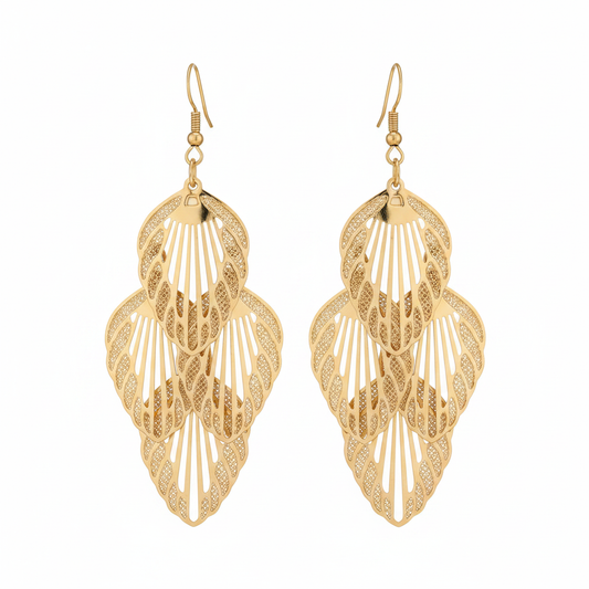 Gold Filigree Leaf Drop Earrings - Thumbnail Pair
