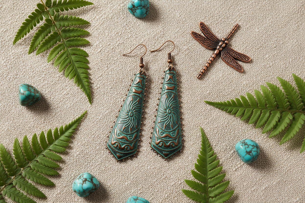 Teal copper dragonfly earrings flat lay on linen with fern leaves and turquoise stones