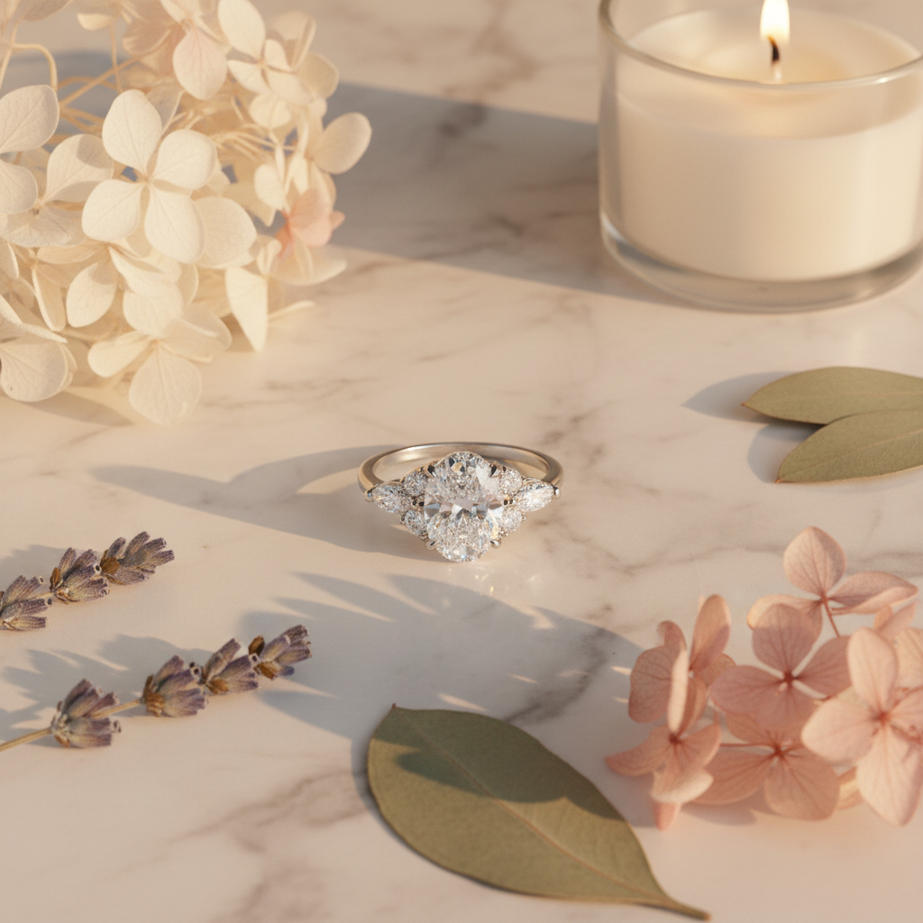 BeMore moissanite cluster ring S925 sterling silver lifestyle flat lay