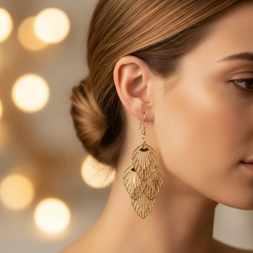 Gold Filigree Leaf Drop Earrings - Lifestyle