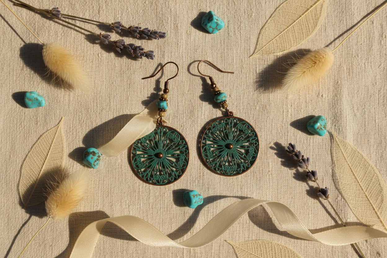 Teal filigree copper earrings flat lay on linen with dried botanicals and turquoise stones