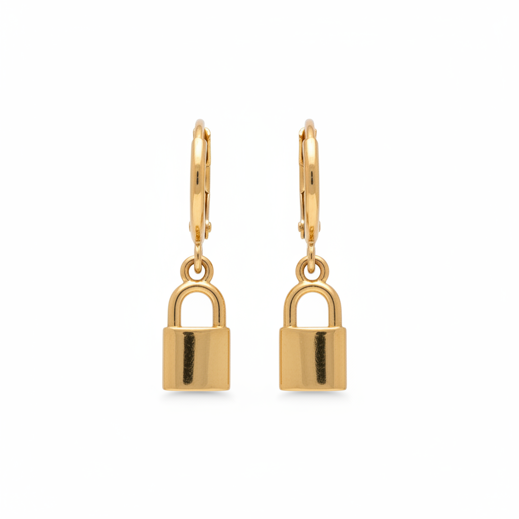 Gold Hoop Padlock Charm Earrings - Thumbnail