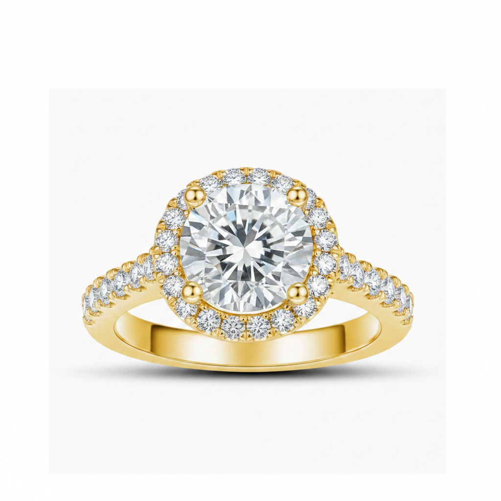 1ct near-colourless round brilliant moissanite halo ring with gold pavé band on pure white background