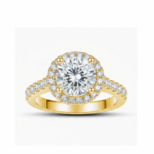 1ct near-colourless round brilliant moissanite halo ring with gold pavé band on pure white background