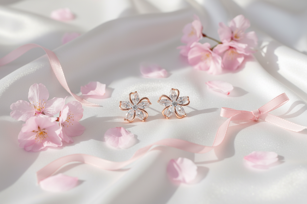 Rose gold flower crystal earrings flat lay on white satin with cherry blossom petals and ribbon