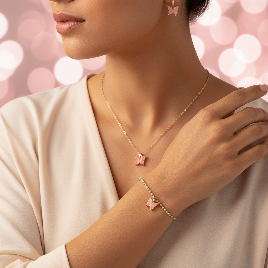 Pink Butterfly Jewellery Set - Lifestyle