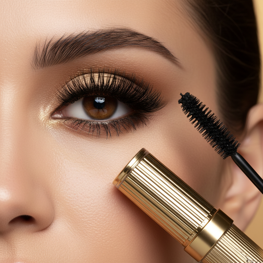 BeMore Mascara Extreme - Campaign shot with bold lashes and product