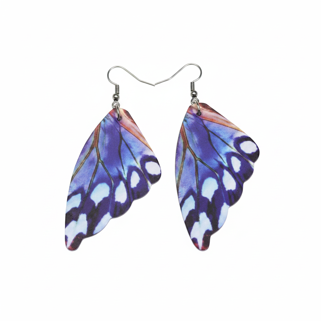 Lavender periwinkle and dusty rose butterfly wing earrings on white background