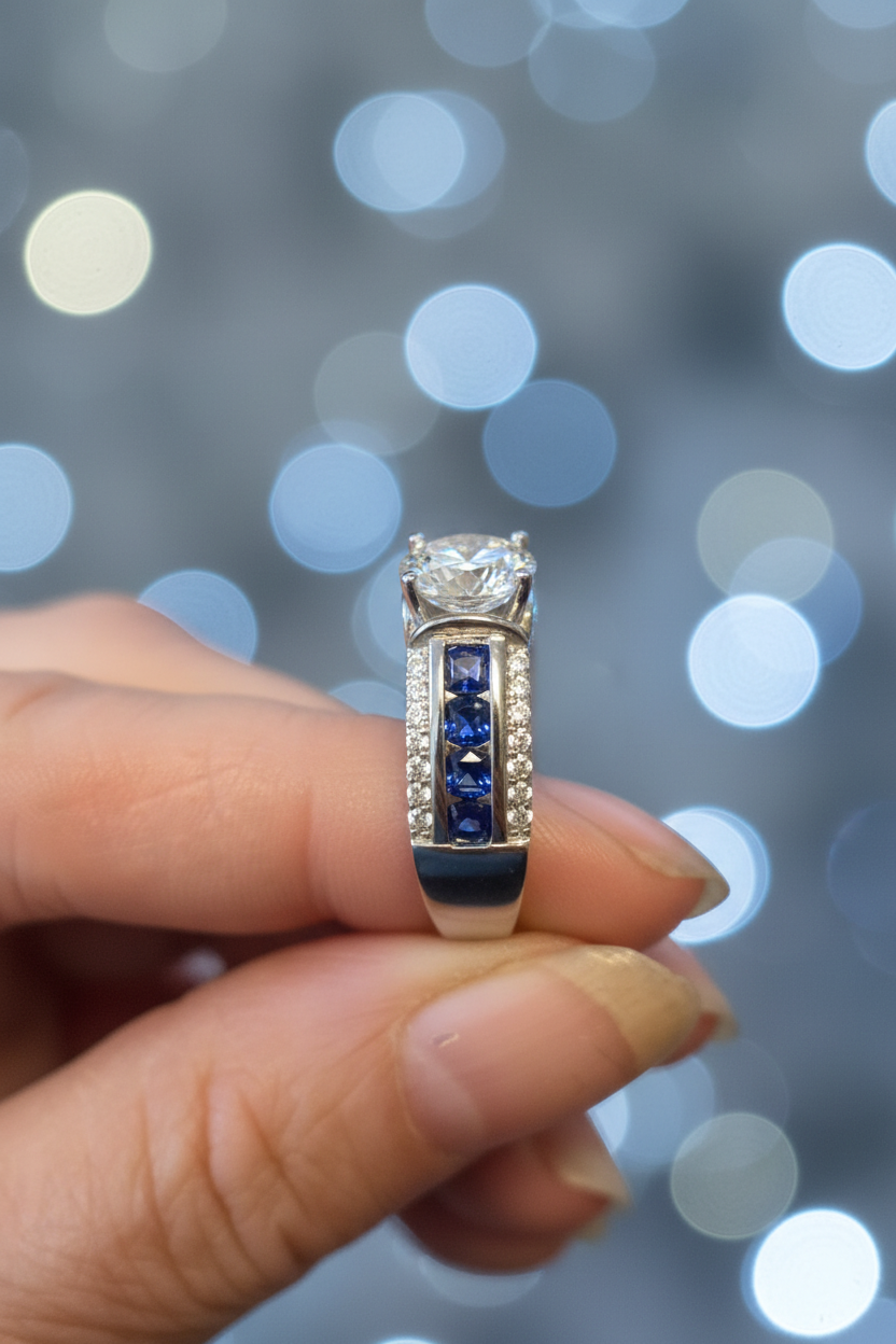 925 silver 2ct moissanite ring with blue sapphire baguette shoulders worn on elegant finger