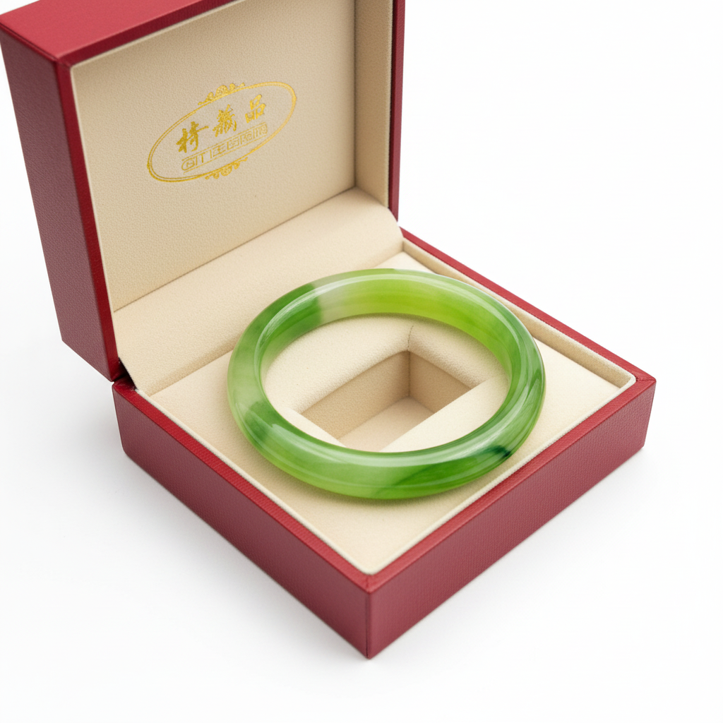 Jade green bangle bracelet displayed in open red luxury presentation box