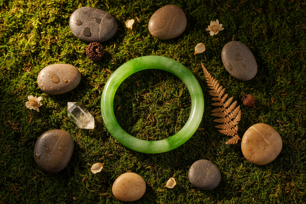Jade bangle bracelet flat lay on dark moss with river pebbles and dried botanicals