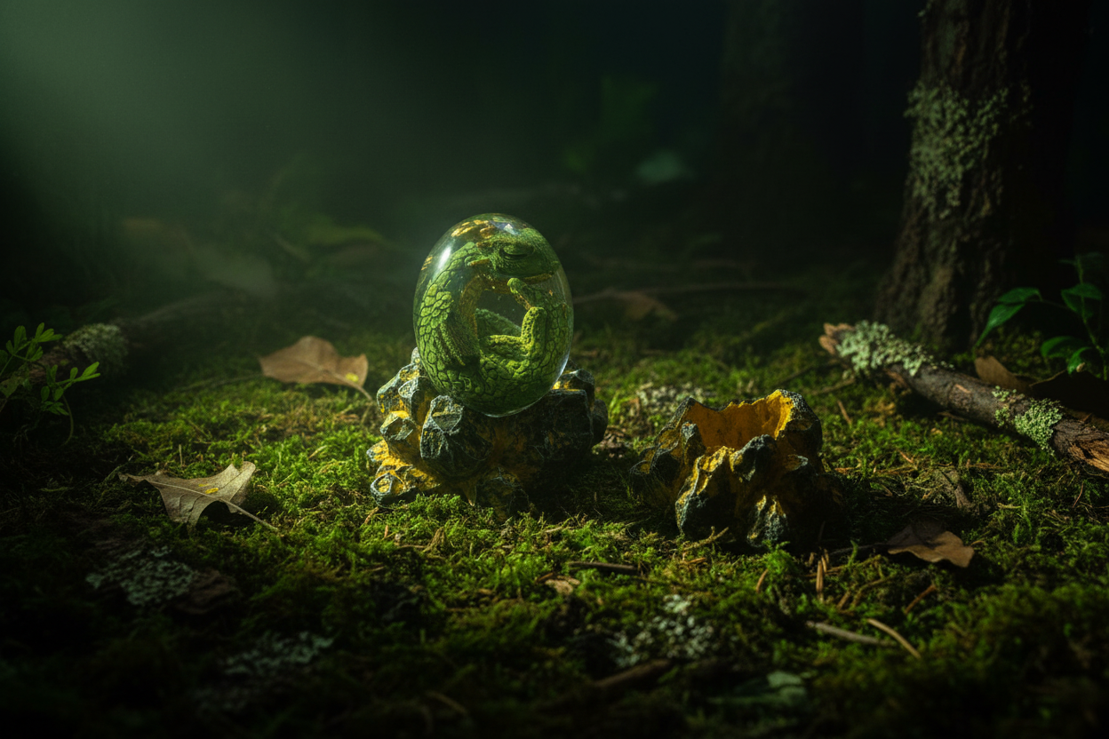 Forest Dragon Egg and volcanic rock base shown separately, mossy woodland flat lay