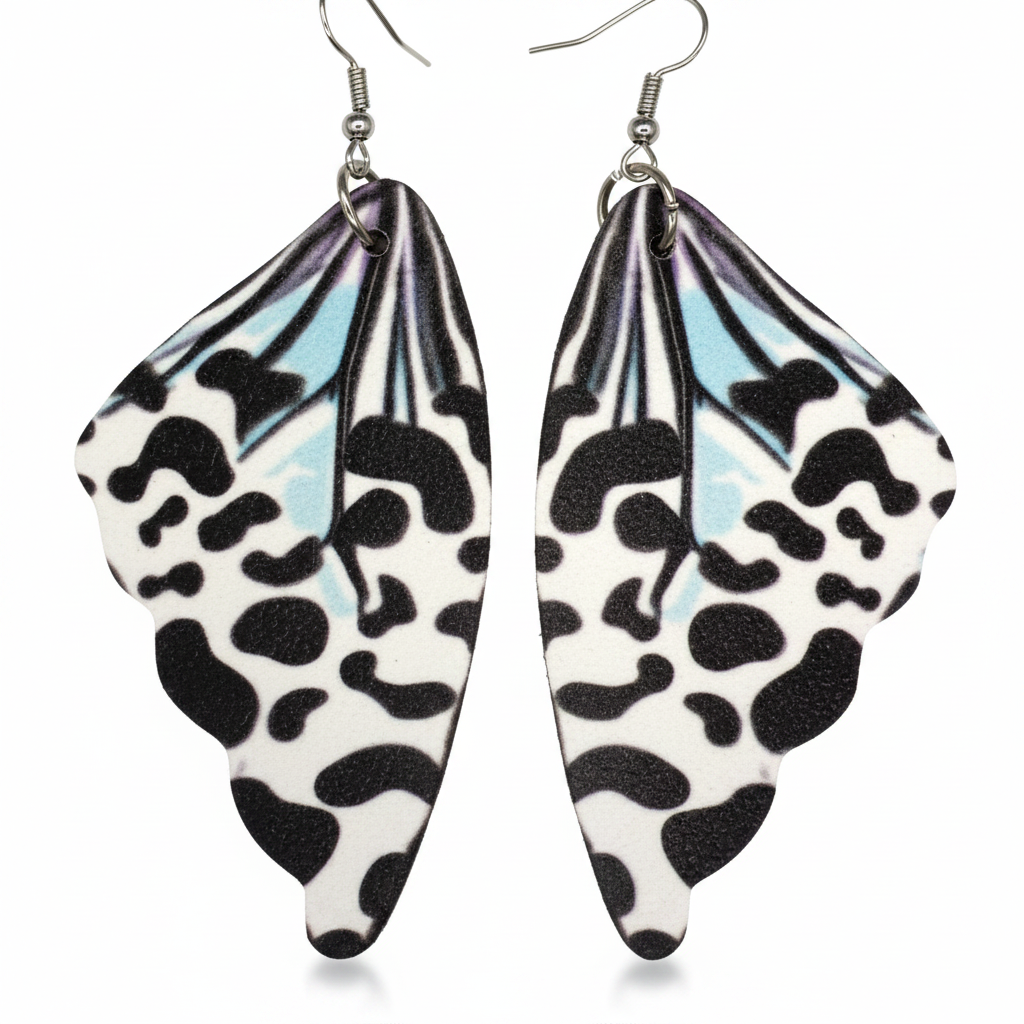 Black white leopard spot butterfly wing earrings with pale blue edge on white background