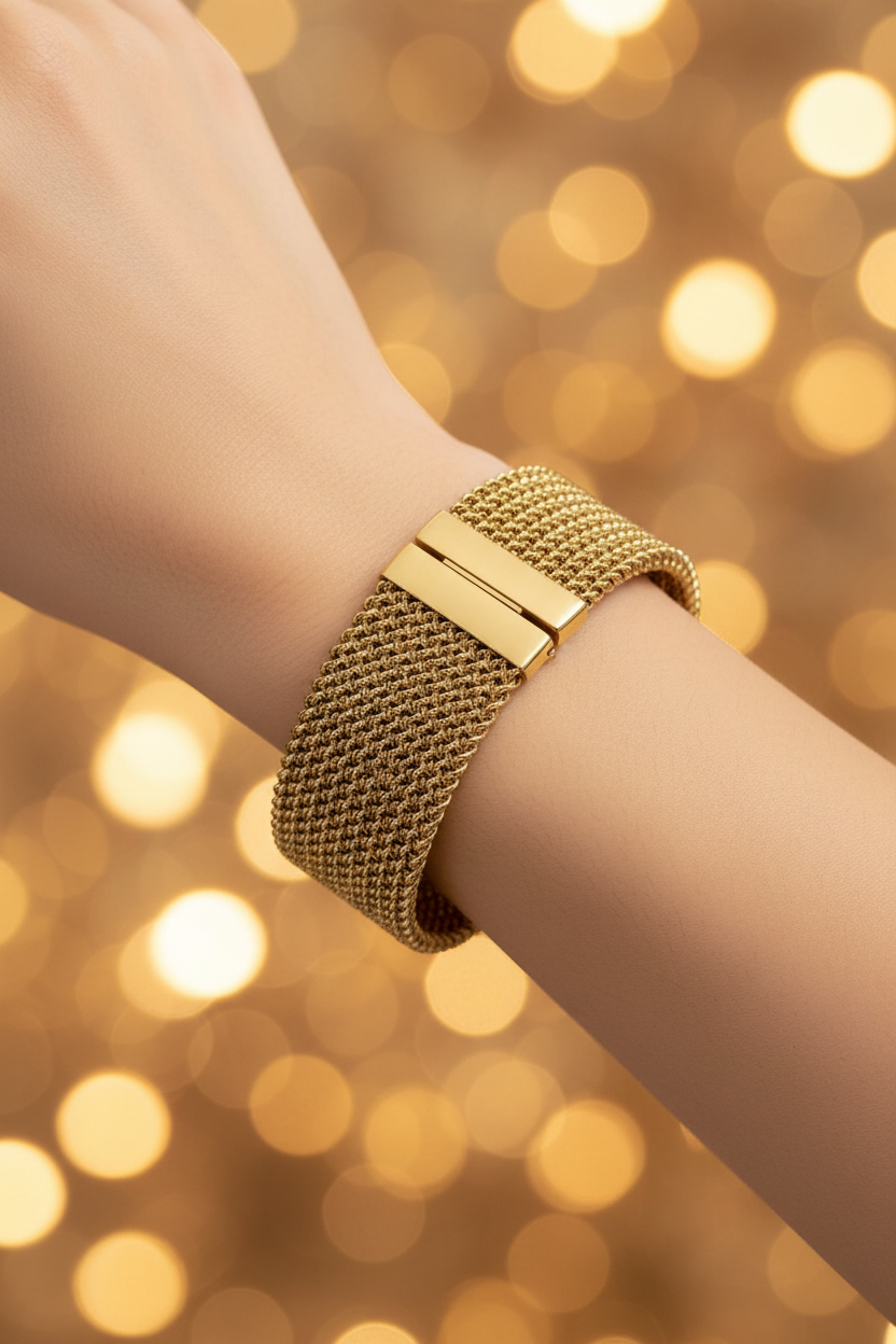 Wide 18K gold mesh bracelet worn on model's wrist with warm gold bokeh