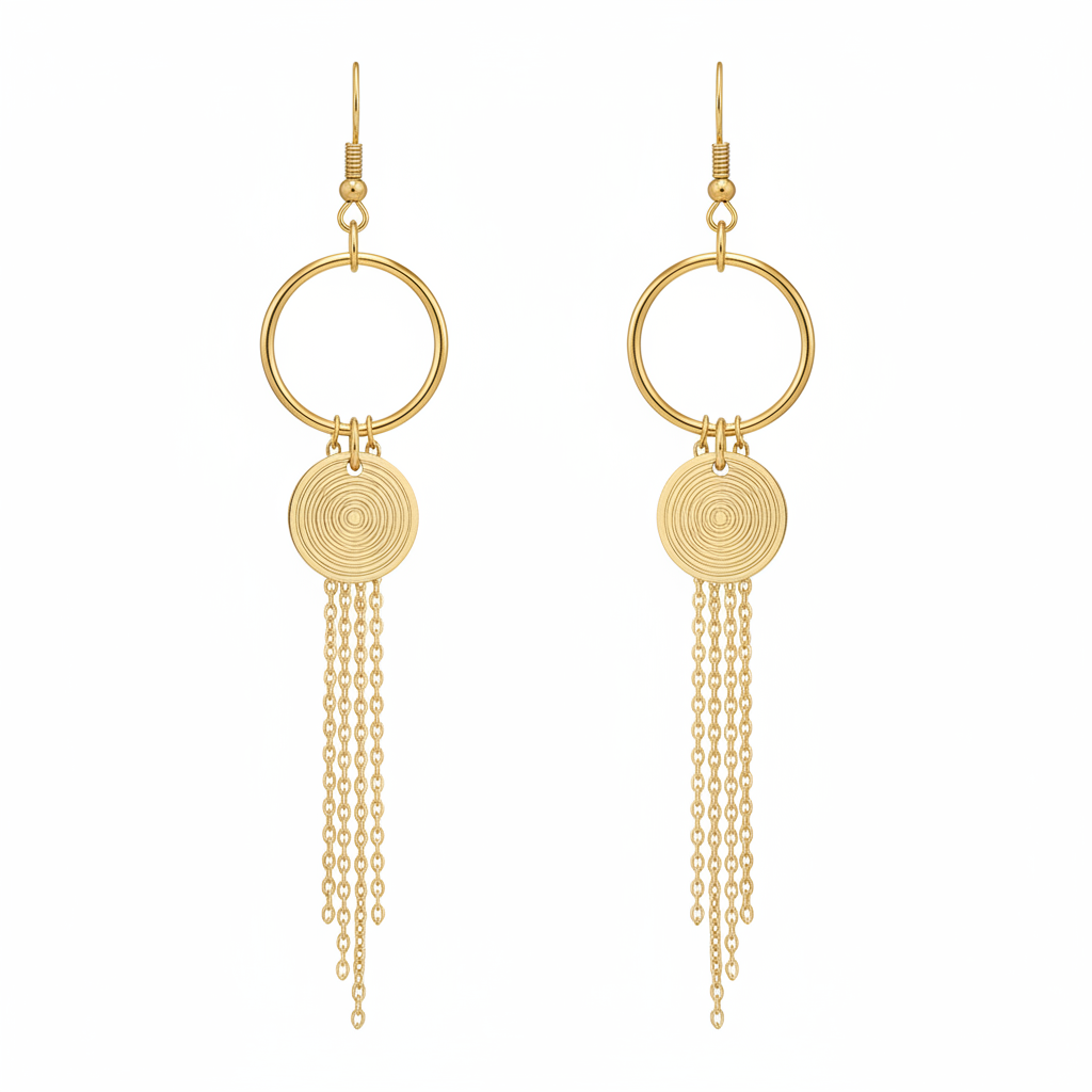 Gold Hoop Spiral Chain Tassel Earrings - Thumbnail