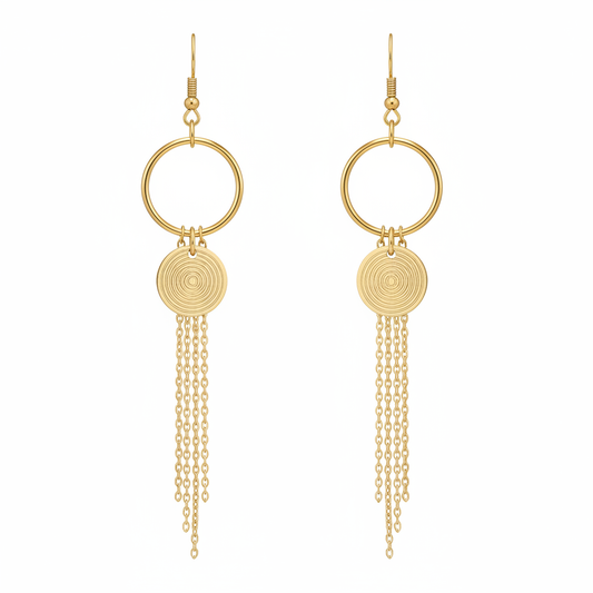 Gold Hoop Spiral Chain Tassel Earrings - Thumbnail