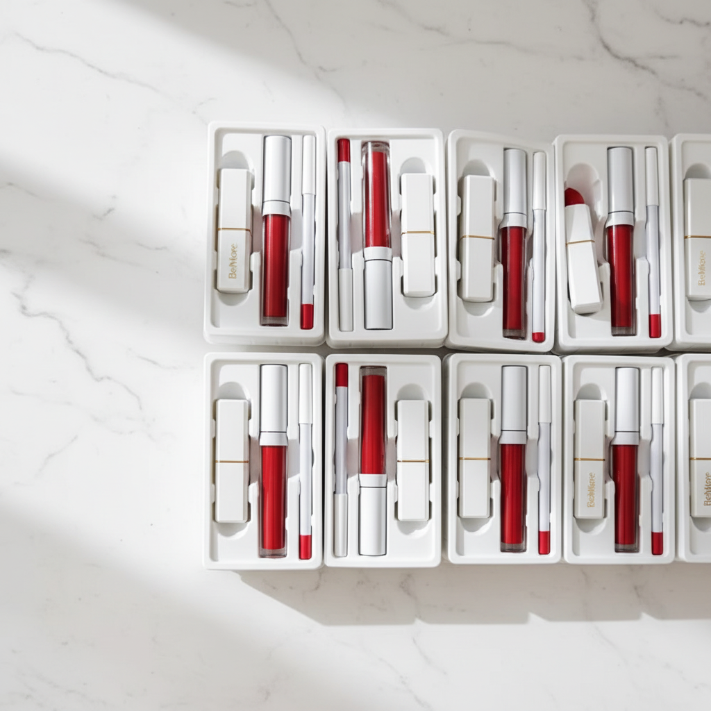 Multiple BeMore Lipstick Sets flat lay on white marble