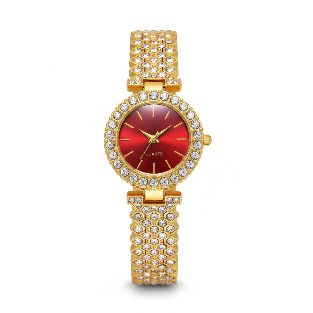 Gold Crystal Red Dial Quartz Watch - Thumbnail