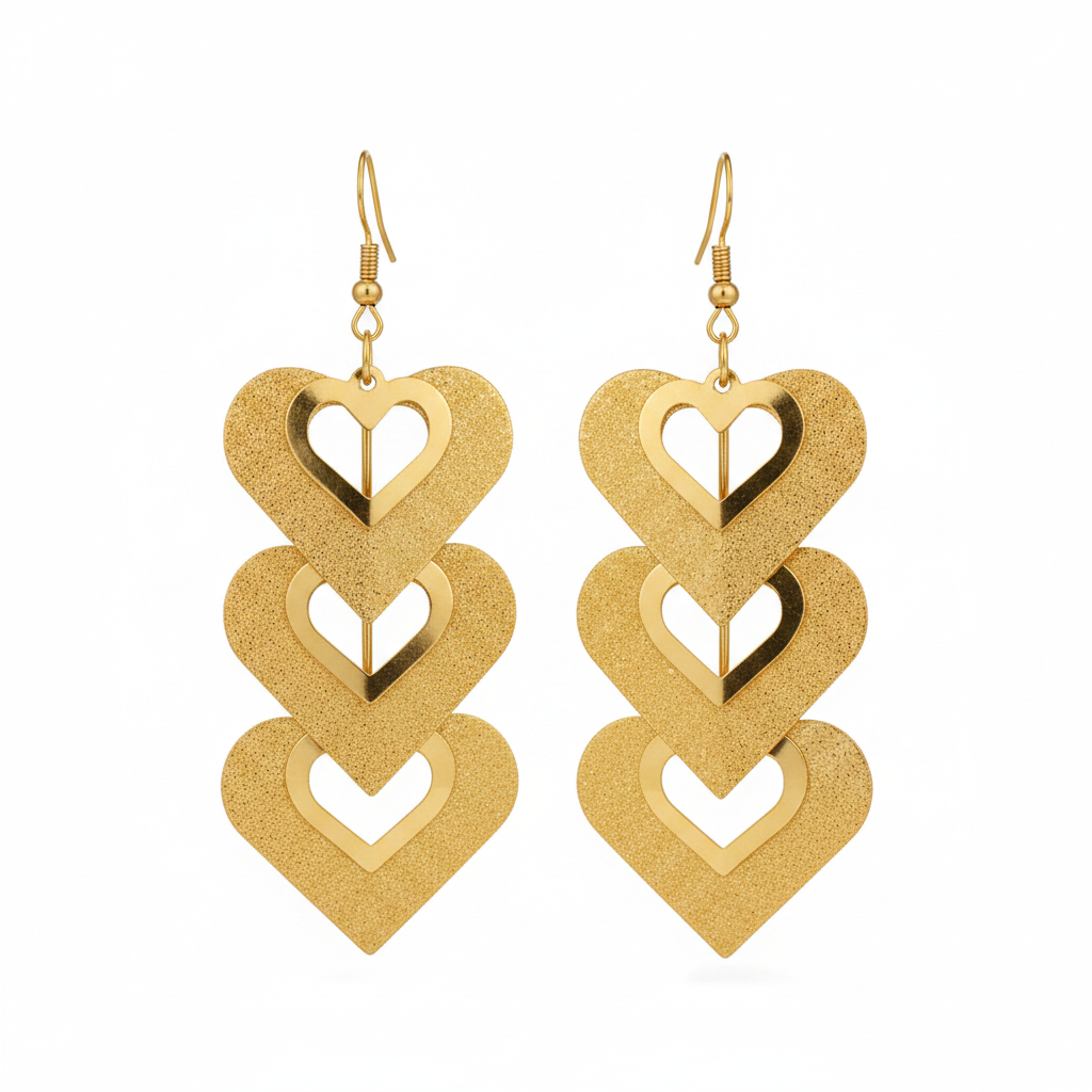Gold Triple Heart Drop Earrings - Thumbnail