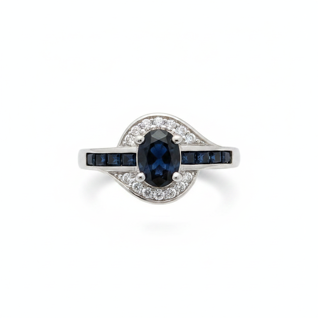 925 Silver Sapphire Halo Ring - white background thumbnail