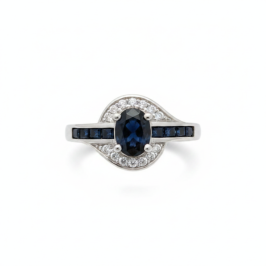 925 Silver Sapphire Halo Ring - white background thumbnail