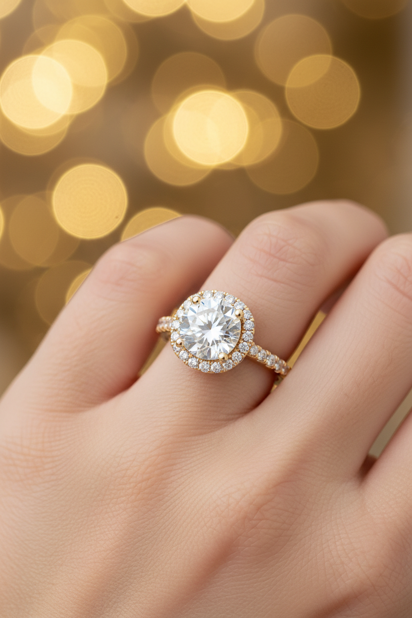 1ct near-colourless moissanite halo ring worn on elegant finger with warm gold bokeh