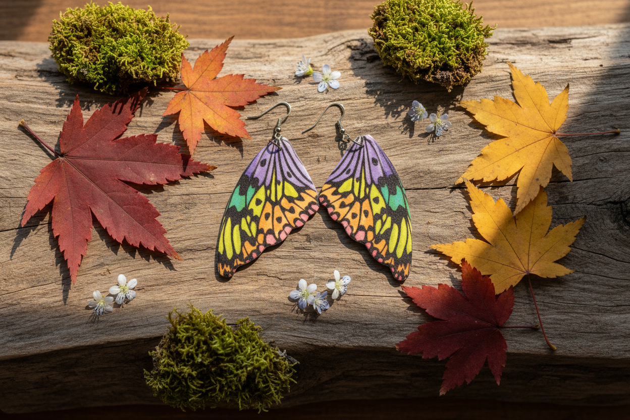 Large butterfly wing earrings flat lay on natural wood with autumn leaves and moss